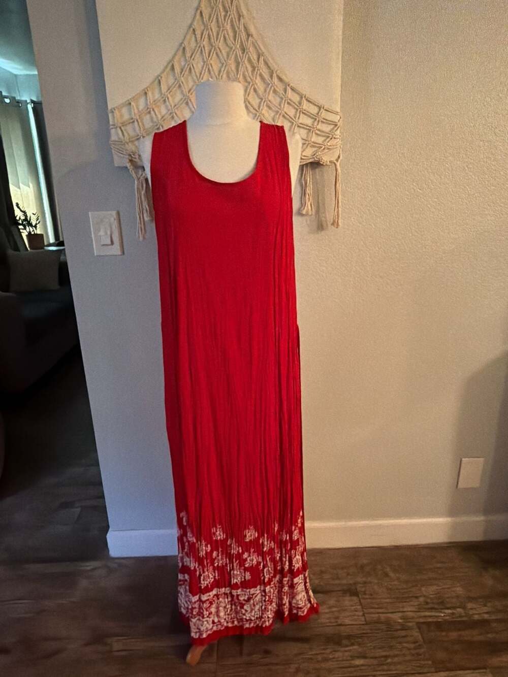 Vtg ACCESS Red Rayon Sleeveless Floral Border Print Maxi Dress
